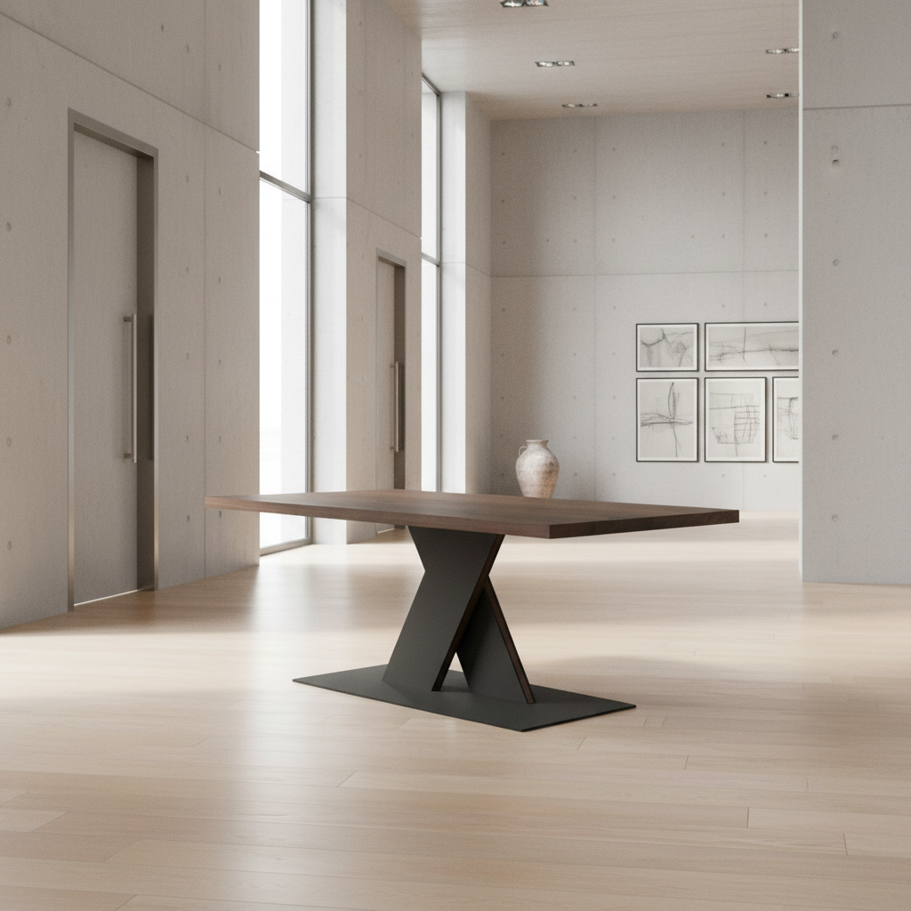 Rustic brown oak dining table by Wildwuchs-Möbel with a flat X-shaped base made of solid steel and wood.