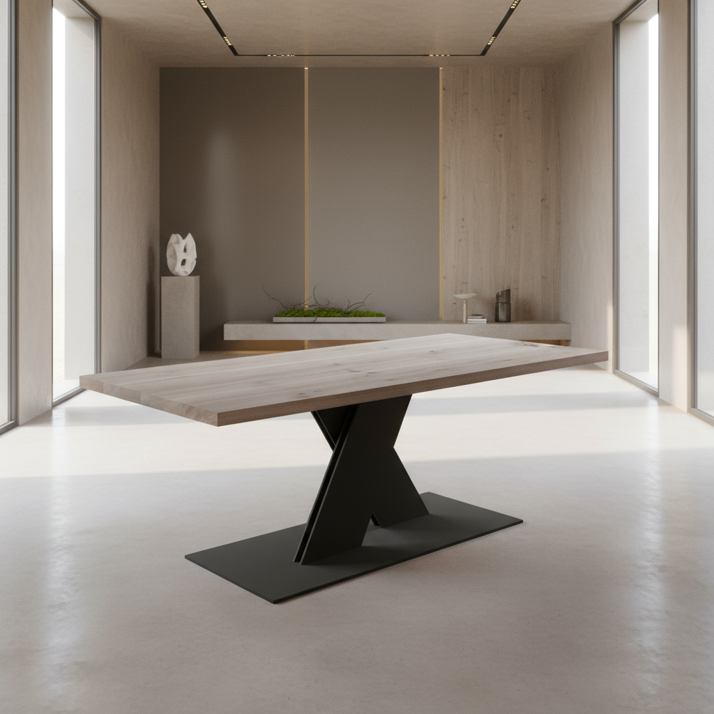 Rustic grey waxed oak dining table by Wildwuchs-Möbel with a flat X-shaped base in solid steel.