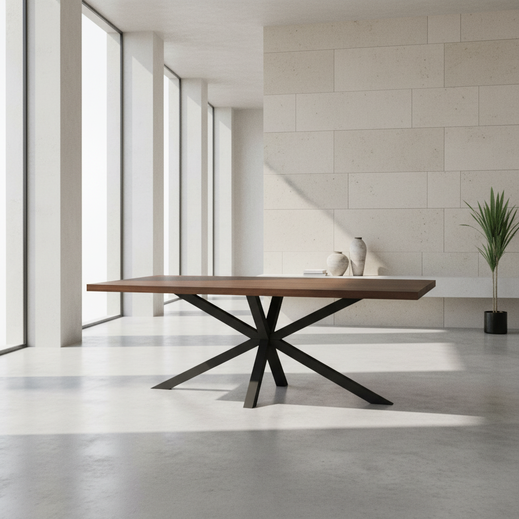 Esstisch aus gewachster Eiche in Braun mit Spidergestell von Wildwuchs-Möbel, modern und stilvoll.