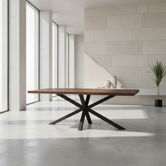 Esstisch aus gewachster Eiche in Braun mit Spidergestell von Wildwuchs-Möbel, modern und stilvoll.