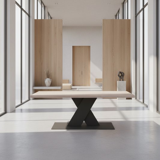 Esstisch Eiche Premium Grau gewachst - mit Fuß "Flaches X" aus massivem Stahl und Holz