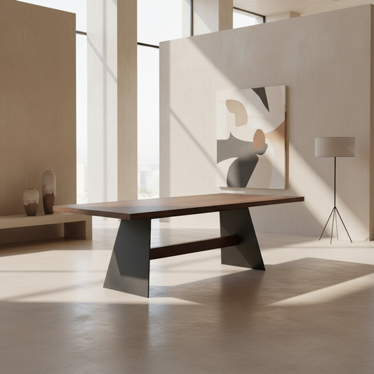 Esstisch aus Eiche in Braun mit gewachster Oberfläche und stabilen Querträgern aus massivem Stahl und Holz von Wildwuchs-Möbel.