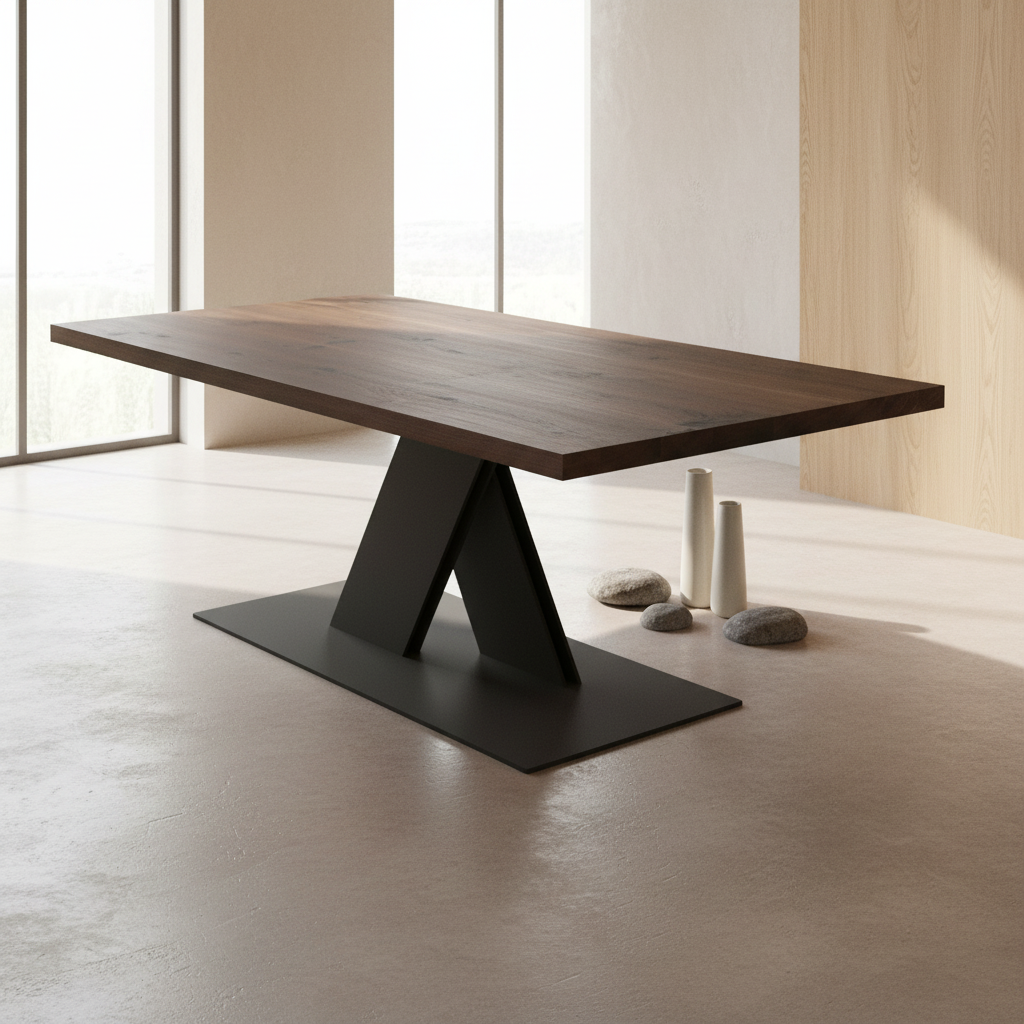 Rustic brown oak dining table by Wildwuchs-Möbel with a flat X base made of solid steel in a modern setting.