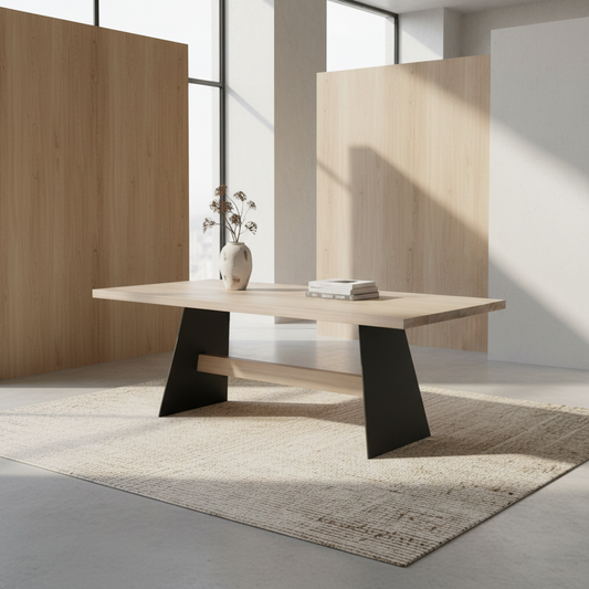 Esstisch aus Eiche in Grau, gewachst, mit Querträger aus massivem Stahl und Holz von Wildwuchs-Möbel.