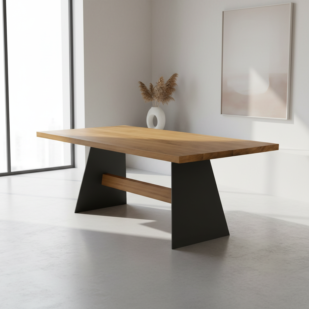 Esstisch von Wildwuchs-Möbel aus gewachster Eiche mit stabilen Holz- und Stahlfüßen im modernen Design.