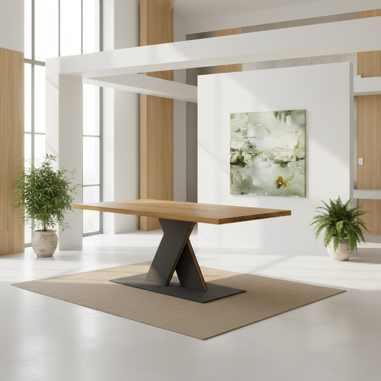 Esstisch Eiche Premium Natur gewachst - mit Fuß "Flaches X" aus massivem Stahl und Holz