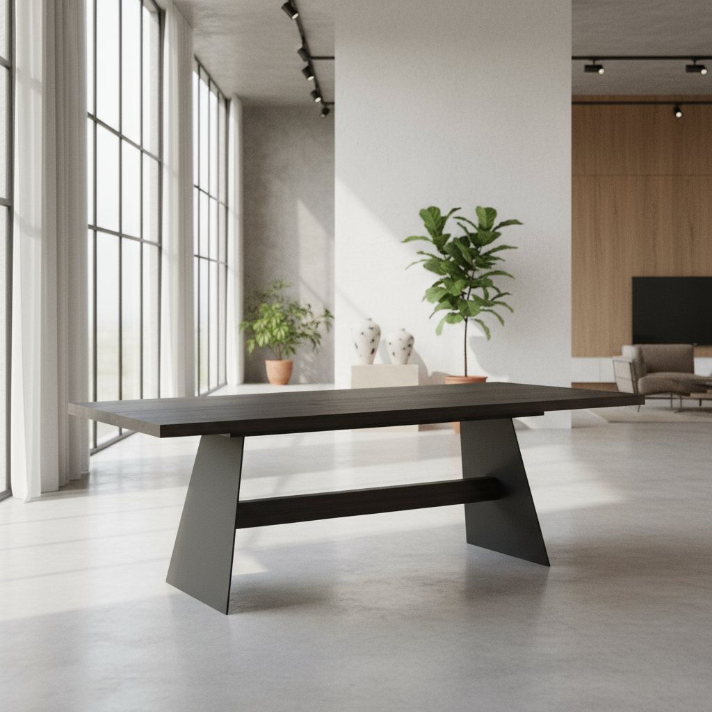 Rustic black oak dining table by Wildwuchs-Möbel with wooden crossbeam, showcasing a modern design and sturdy materials.