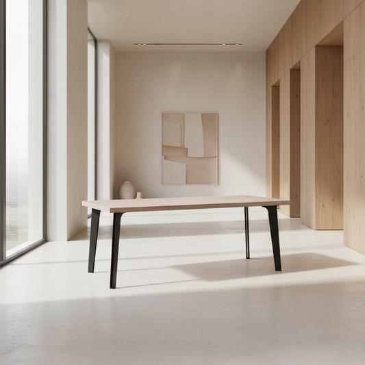 Esstisch aus gewachster Eiche von Wildwuchs-Möbel mit massivem Stahlfuß im modernen Design.