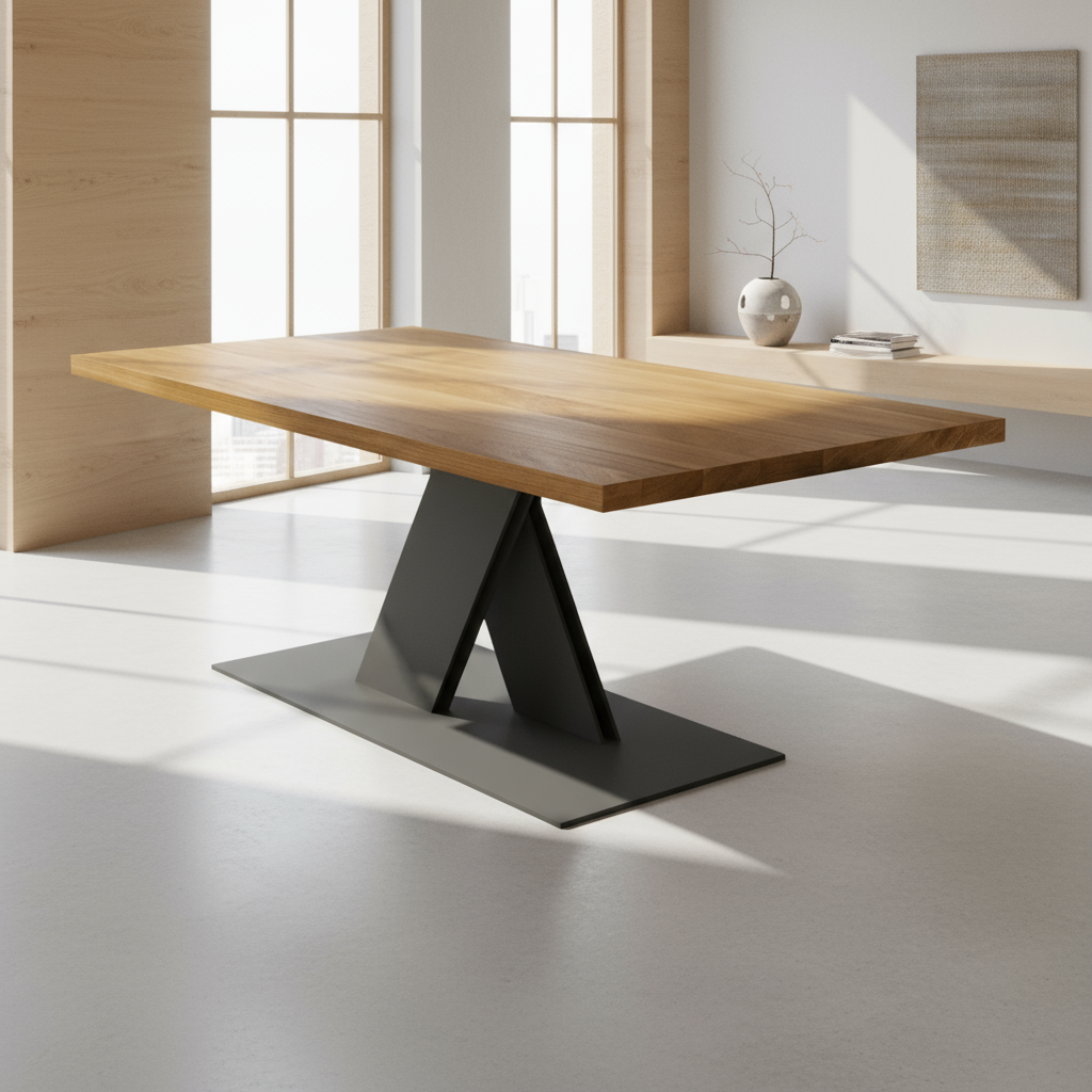 Moderner Esstisch aus Eiche, natur geölt mit Fuß im flachen X-Design aus Stahl, von Wildwuchs-Möbel.