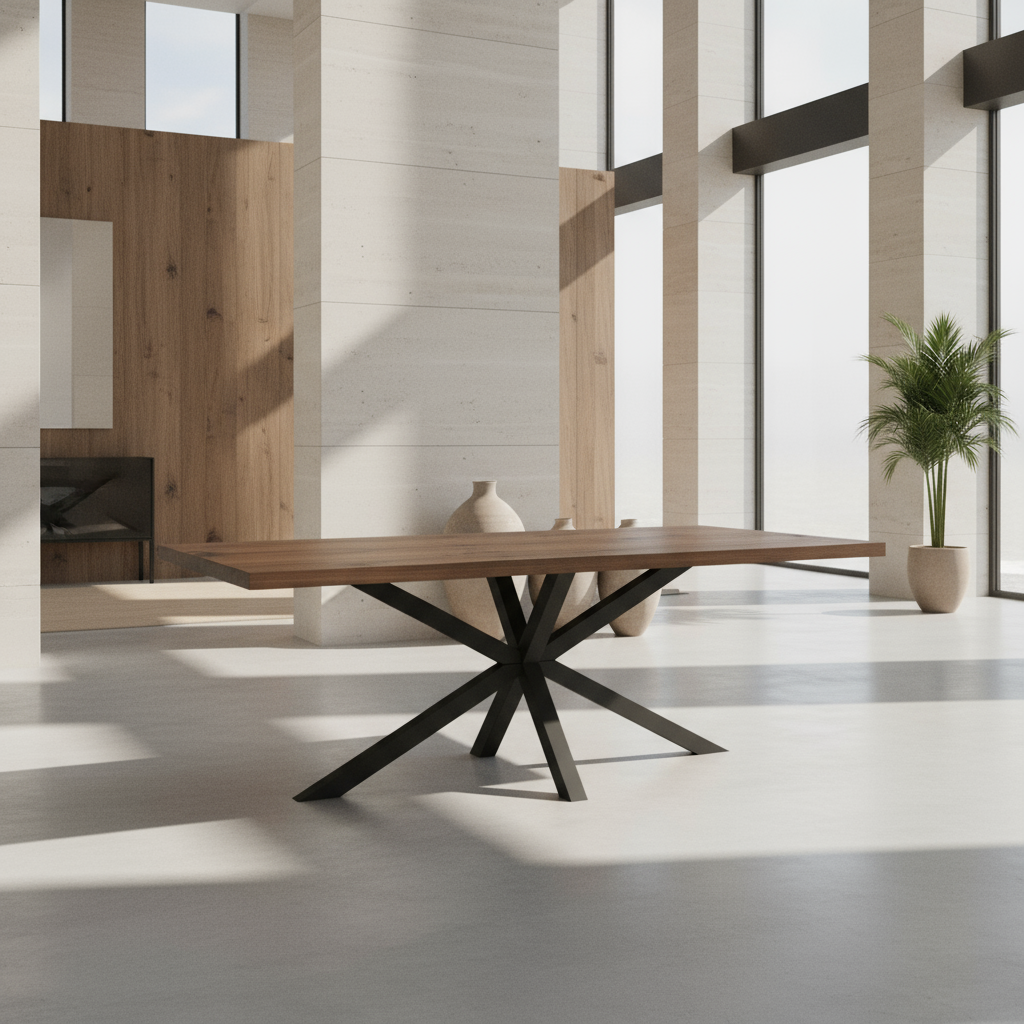 Rustikaler Esstisch aus geölter Eiche mit braunem Finish und modernem Spidergestell von Wildwuchs-Möbel.