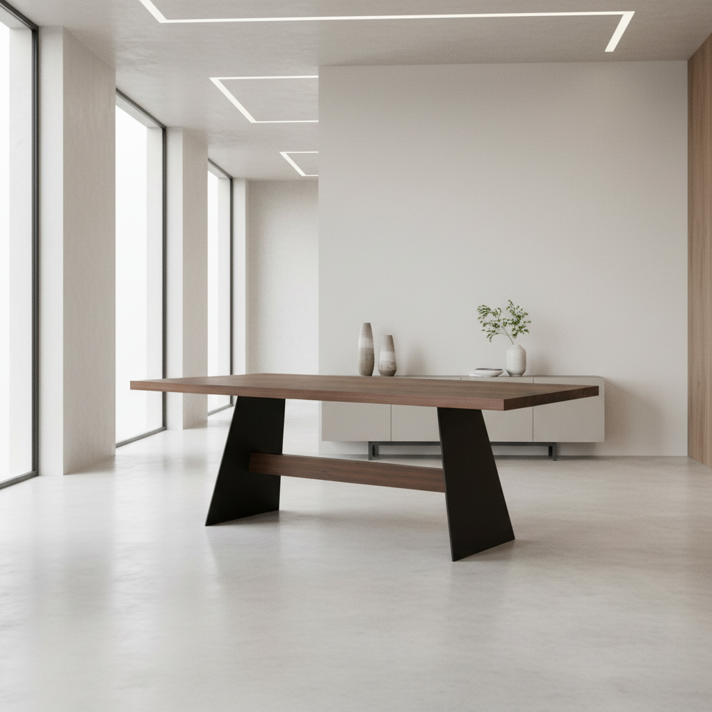 Rustic brown oak dining table by Wildwuchs-Möbel, featuring a sturdy wooden and steel cross-support design.