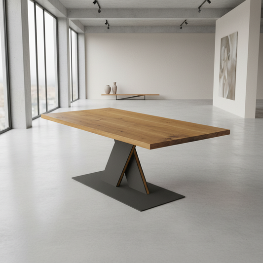 Rustic oak dining table by Wildwuchs-Möbel with a flat X-shaped base made of solid steel and wood in a modern setting.