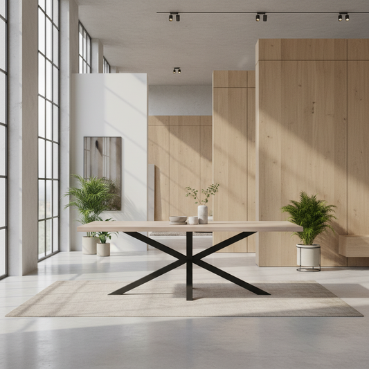 Esstisch aus gewachster Eiche in Grau mit Spidergestell von Wildwuchs-Möbel, modern und stilvoll in einem hellen Raum.