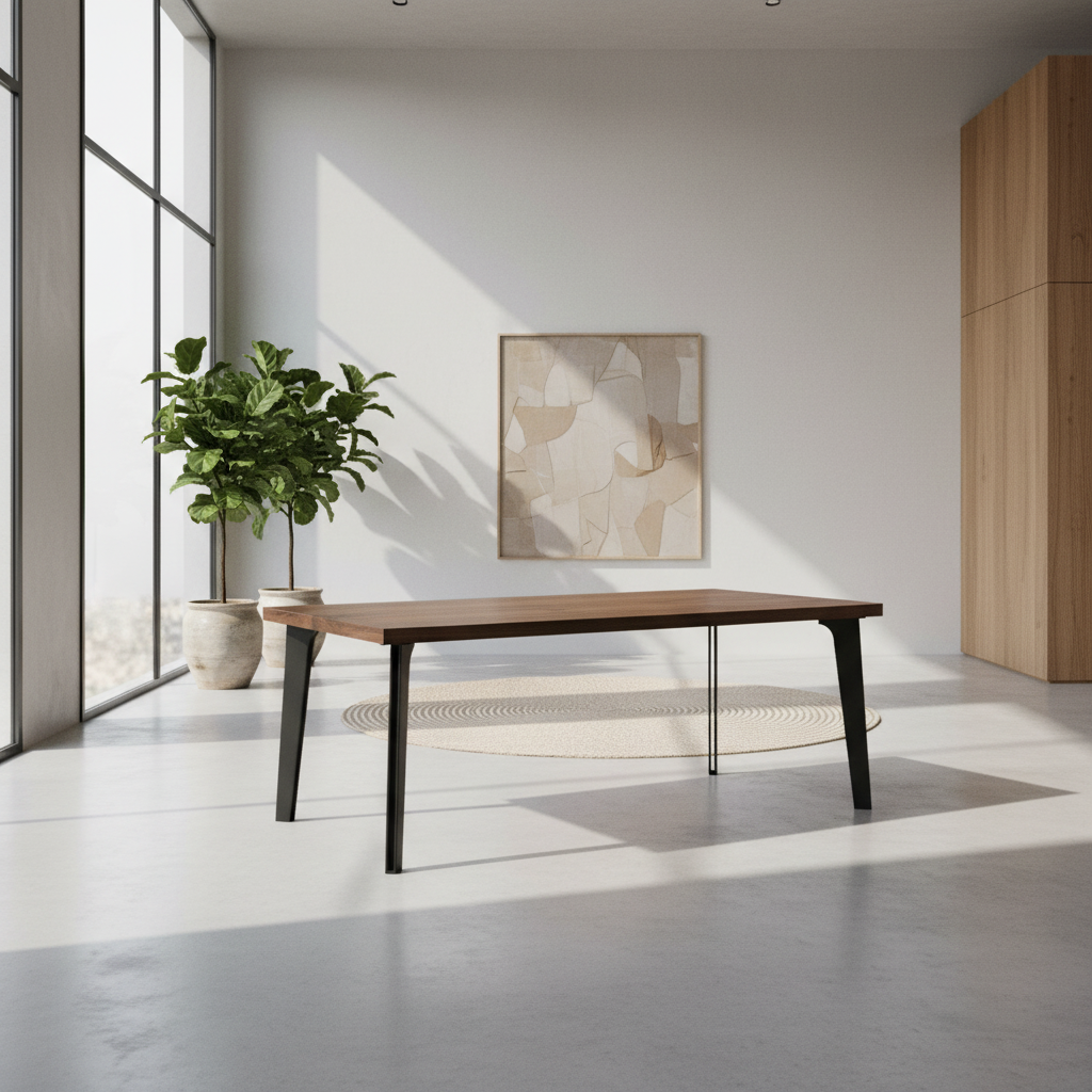 Rustic brown oak dining table by Wildwuchs-Möbel with hollow leg design in solid steel, showcasing modern style.