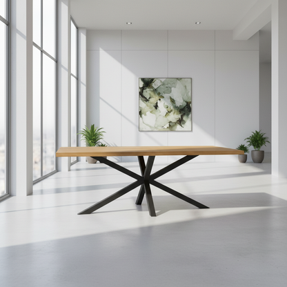 Premium natural oak dining table with a modern spider leg design by Wildwuchs-Möbel.