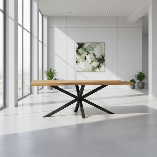 Premium natural oak dining table with a modern spider leg design by Wildwuchs-Möbel.