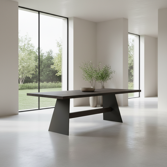 Esstisch von Wildwuchs-Möbel aus gewachster Eiche mit stabilen Holz- und Stahlfüßen im modernen Design.