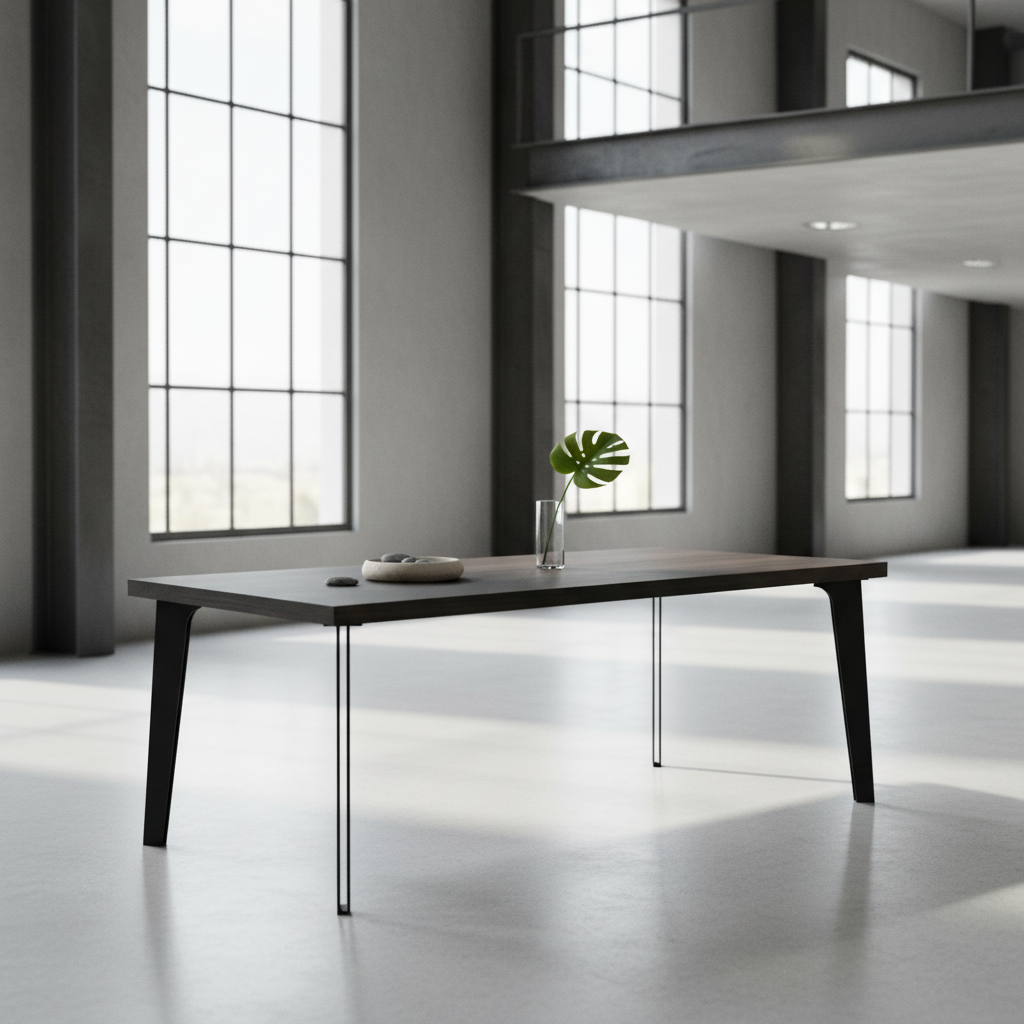 Rustic black oak dining table by Wildwuchs-Möbel with hollow leg design in solid steel, set in a modern interior.