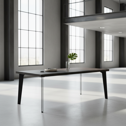 Rustic black oak dining table by Wildwuchs-Möbel with hollow leg design in solid steel, set in a modern interior.