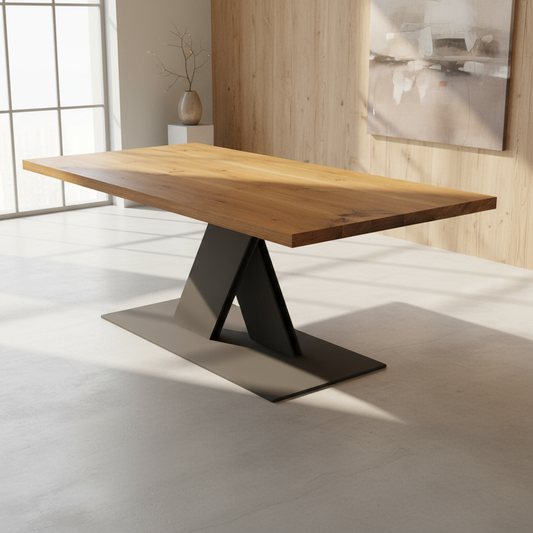 Rustic oak dining table by Wildwuchs-Möbel with a flat X-shaped steel base, showcasing natural wax finish.