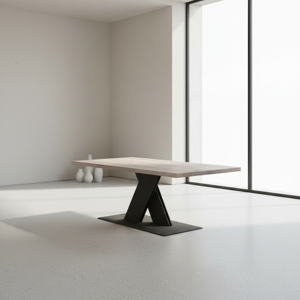 Esstisch aus weiß gewachster Eiche mit massivem Stahlfuß "Flaches X" von Wildwuchs-Möbel in modernem Ambiente.