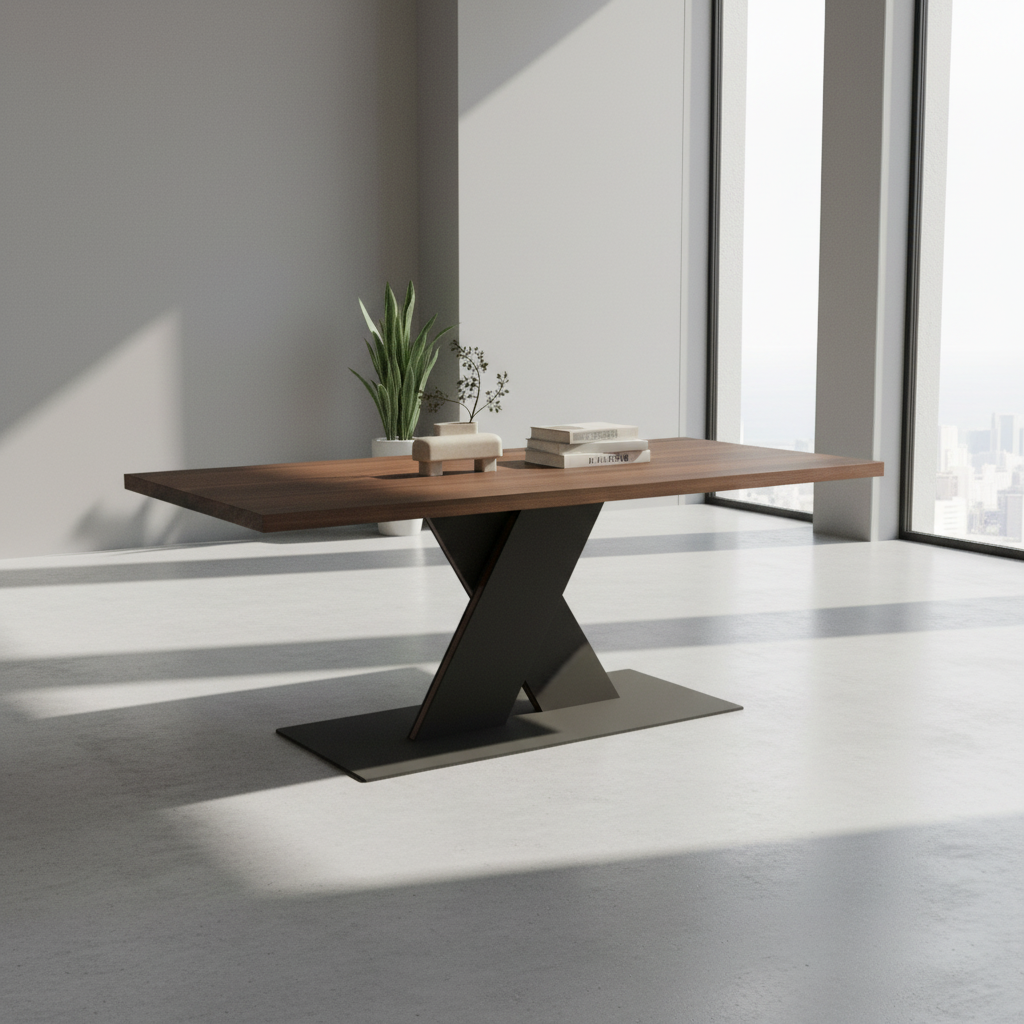 Moderner Esstisch aus Eiche, braun geölt mit Fuß aus Stahl und Holz, von Wildwuchs-Möbel, steht in einem eleganten Esszimmer.