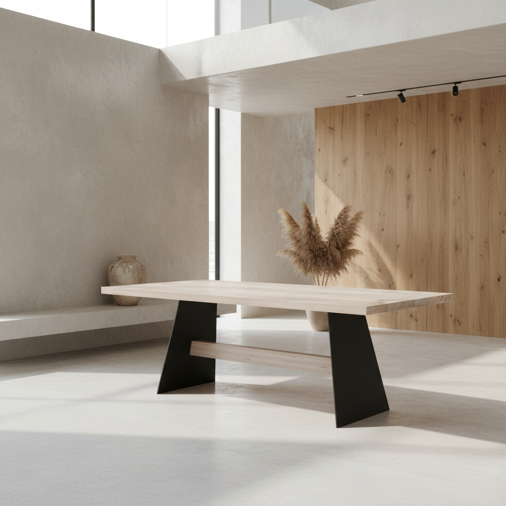 Rustic gray oak dining table by Wildwuchs-Möbel with a sturdy wooden crossbar and solid steel legs.