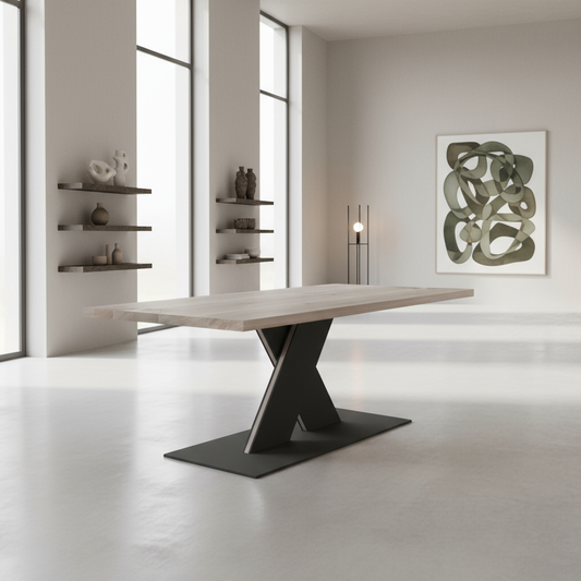 Rustic gray oak dining table by Wildwuchs-Möbel with flat X-shaped legs made of solid steel and wood.