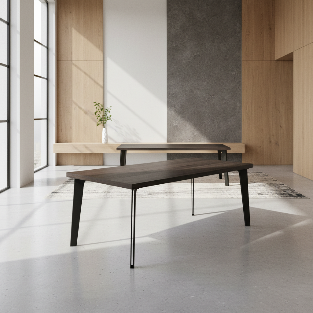 Esstisch aus gewachster Eiche in Schwarz mit hohlem Stahlbein von Wildwuchs-Möbel in modernem Ambiente.