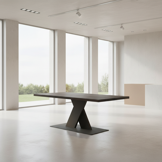 Esstisch Eiche Premium Schwarz gewachst - mit Fuß "Flaches X" aus massivem Stahl und Holz