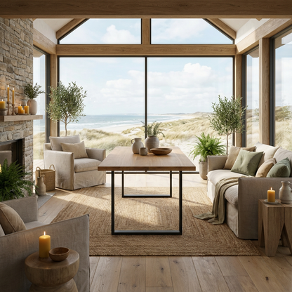 Esstisch aus gewachster Eiche in Natur, mit U-förmigem Fuß von Wildwuchs-Möbel, elegant und stabil.