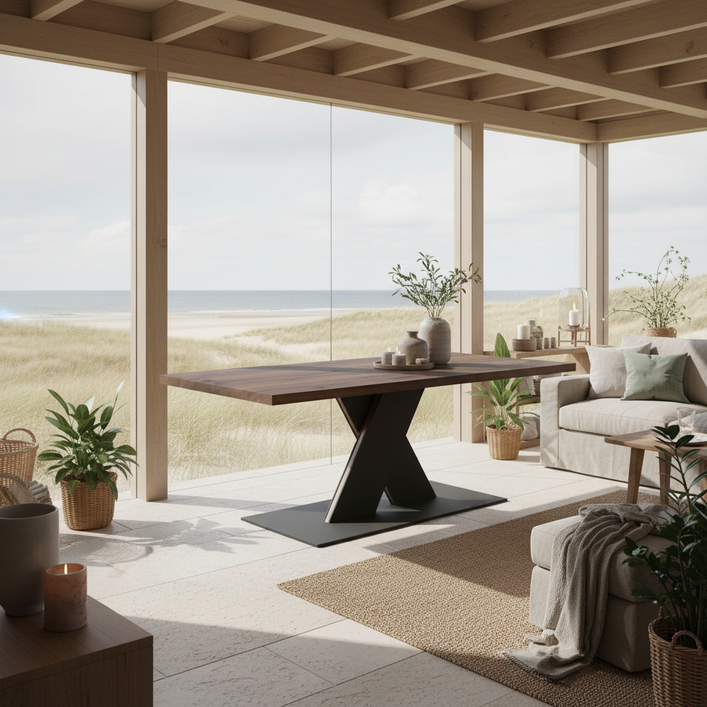 Rustic brown oak dining table by Wildwuchs-Möbel with flat X-shaped base made of solid steel and wood.