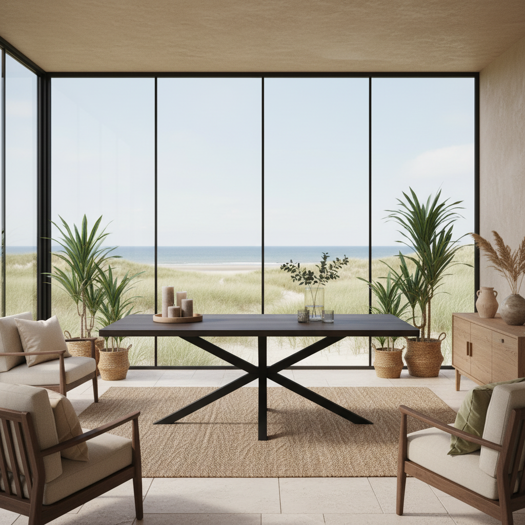 Esstisch aus gewachster Eiche in Schwarz mit Spidergestell von Wildwuchs-Möbel, elegant und modern im Design.