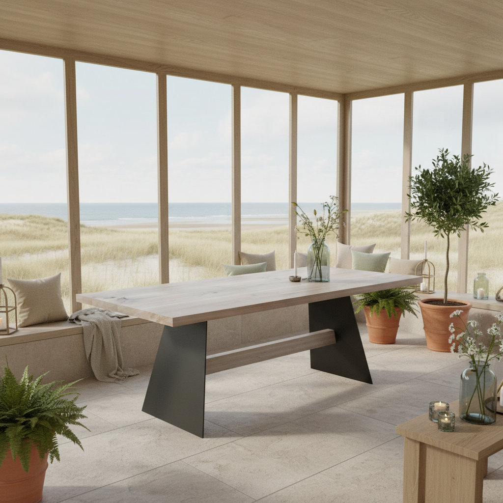 Rustic gray oak dining table by Wildwuchs-Möbel with sturdy wooden crossbeam and metal legs.