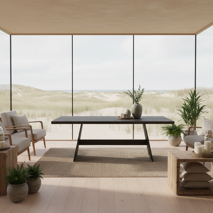 Rustic black oak dining table by Wildwuchs-Möbel with solid wood and steel crossbeam support.