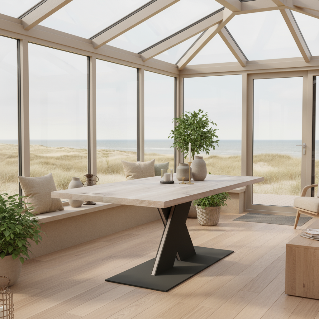 Rustic gray oak dining table by Wildwuchs-Möbel with flat X-shaped base made of solid steel and wood.