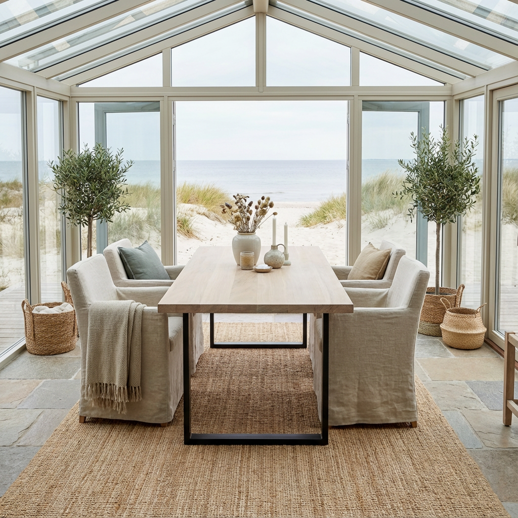 Esstisch aus gewachster Eiche in Weiß mit U-förmigem Fuß von Wildwuchs-Möbel, elegant und modern gestaltet.