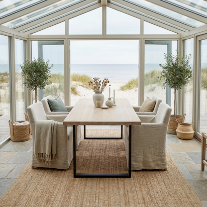 Esstisch aus gewachster Eiche in Weiß mit U-förmigem Fuß von Wildwuchs-Möbel, elegant und modern gestaltet.