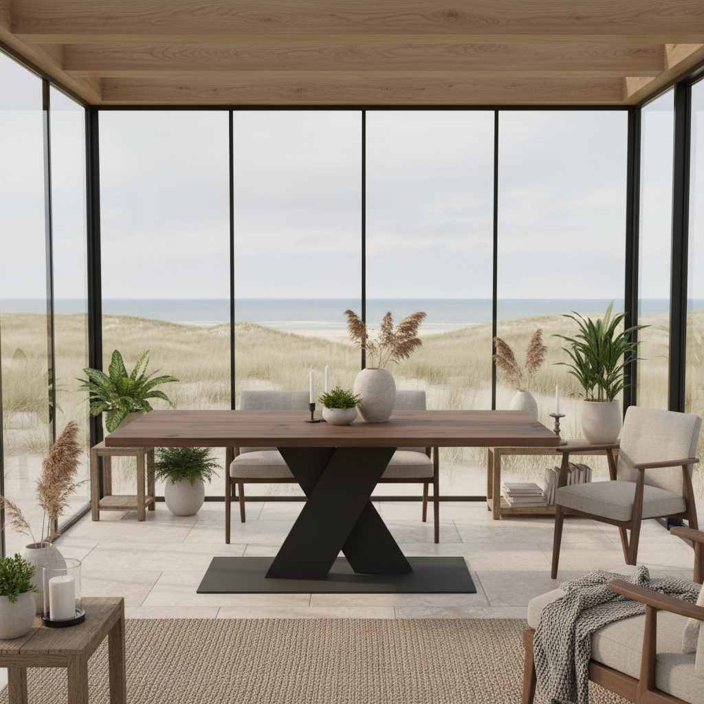 Rustic brown oak dining table by Wildwuchs-Möbel with flat X-shaped solid steel base.