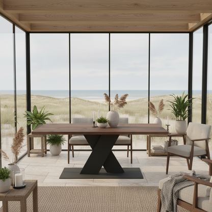 Rustic brown oak dining table by Wildwuchs-Möbel with flat X-shaped solid steel base.