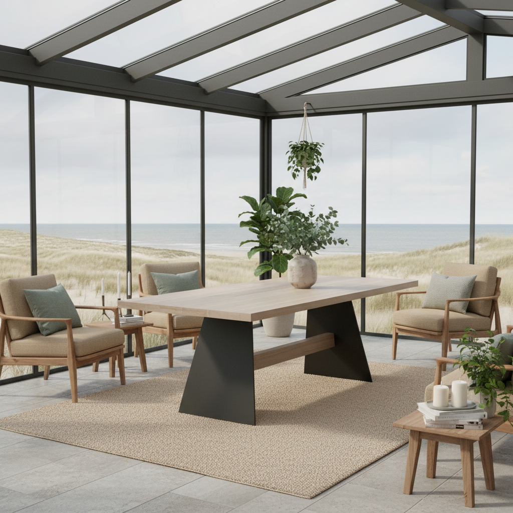 Esstisch aus Eiche in Grau, mit massiven Holzfüßen und Stahlträgern, von Wildwuchs-Möbel, elegant und robust.