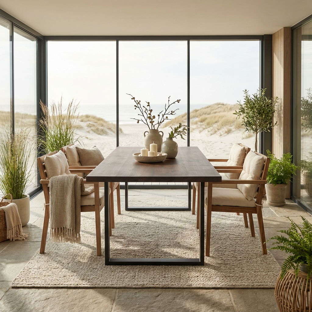 Rustikaler Esstisch aus geölter Eiche mit U-förmigem Fuß von Wildwuchs-Möbel, natürlicher Braunton, langlebiges Holzdesign