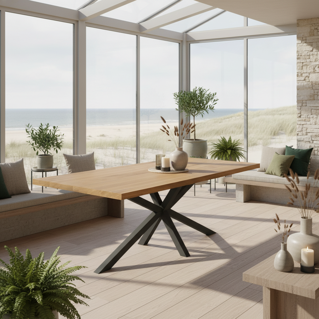 Premium natural oak dining table with a spider leg base by Wildwuchs-Möbel, showcasing a sleek and modern design.