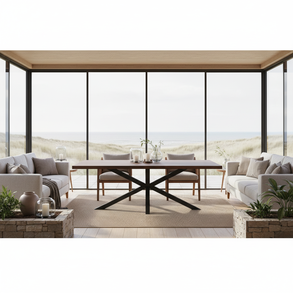 Walnut-finished oak dining table with a spider leg base by Wildwuchs-Möbel, showcasing a modern design and rich color.