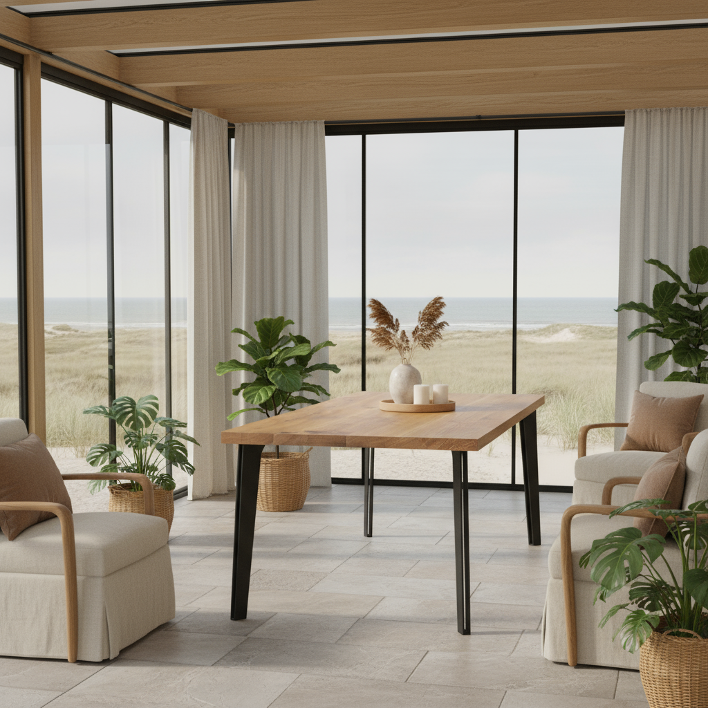 Rustic natural oak dining table by Wildwuchs-Möbel with solid steel hollow leg design.