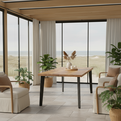 Rustic natural oak dining table by Wildwuchs-Möbel with solid steel hollow leg design.