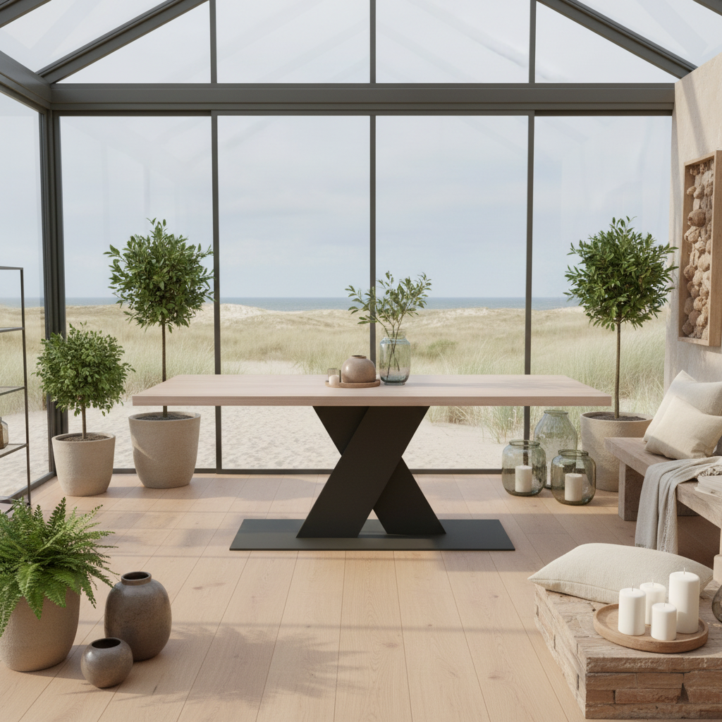 Grauer Esstisch aus Eiche mit geölter Oberfläche und stabilem Stahl-Fuß im X-Design, von Wildwuchs-Möbel