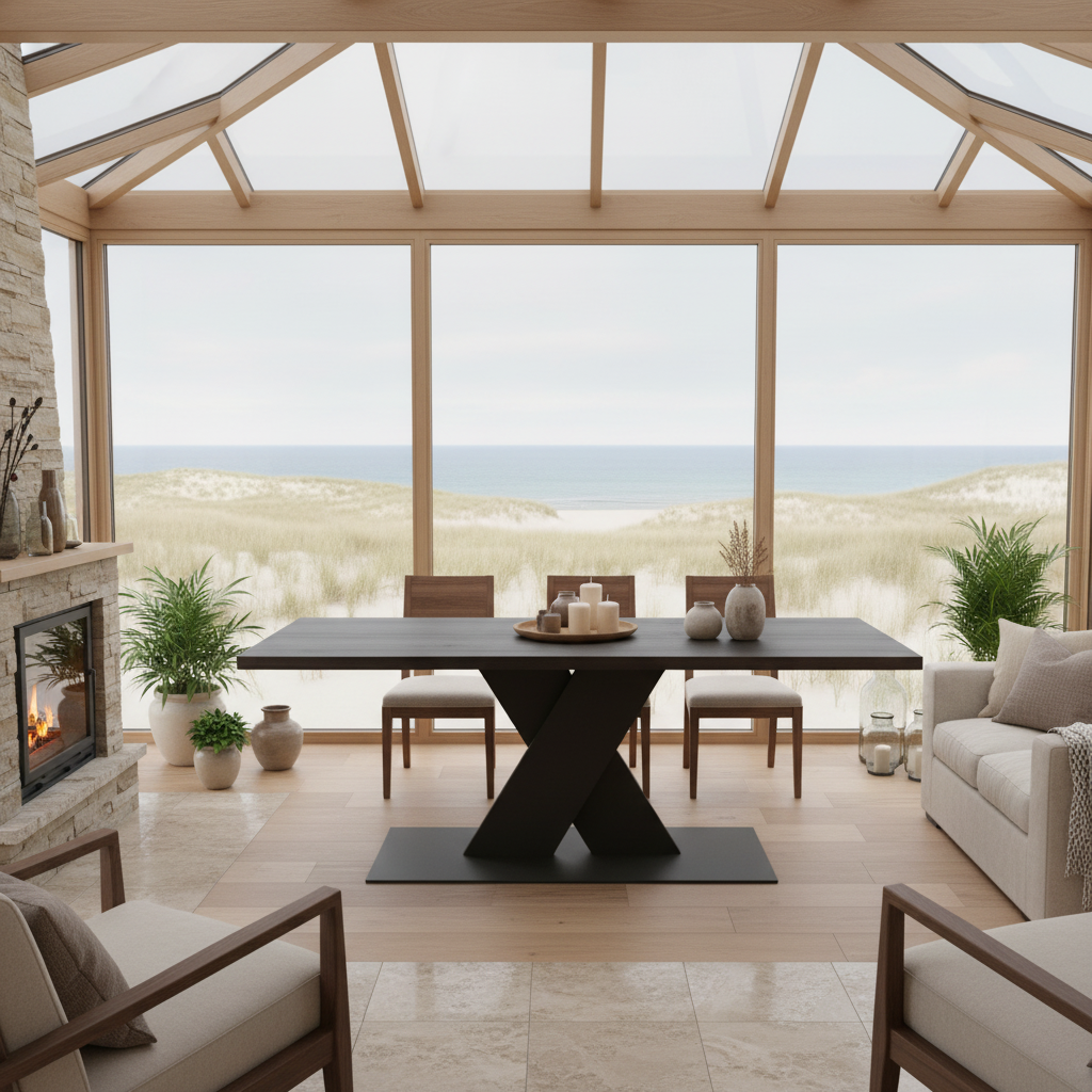 Rustic black waxed oak dining table by Wildwuchs-Möbel with a flat X-shaped base made of solid steel and wood.