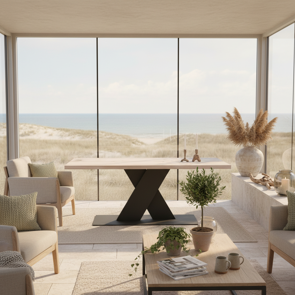 Rustic gray oak dining table by Wildwuchs-Möbel with a flat X-shaped base made of solid steel.