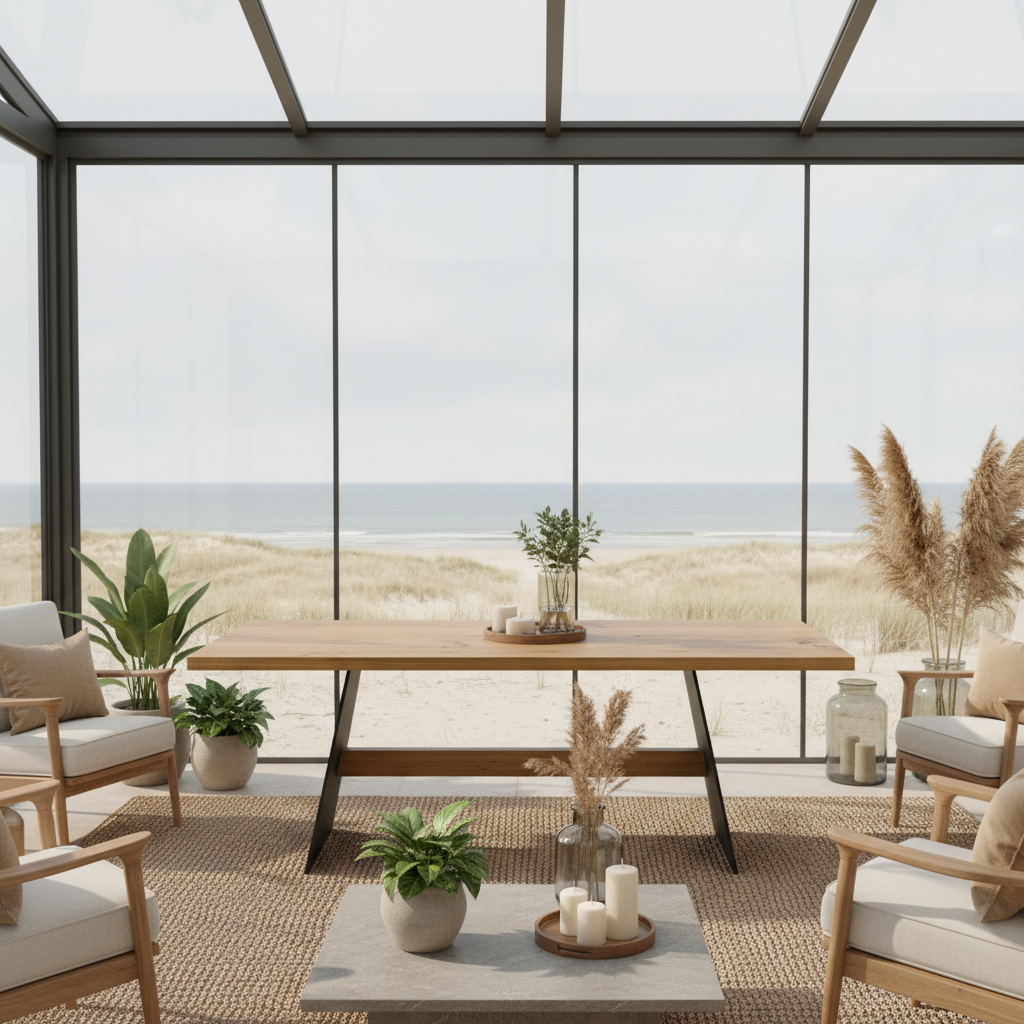 Rustic natural oak dining table by Wildwuchs-Möbel with wooden cross supports and sturdy steel legs.